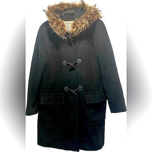 Marvin Richards black felted wool hooded duffle toggle coat with fur trim 16